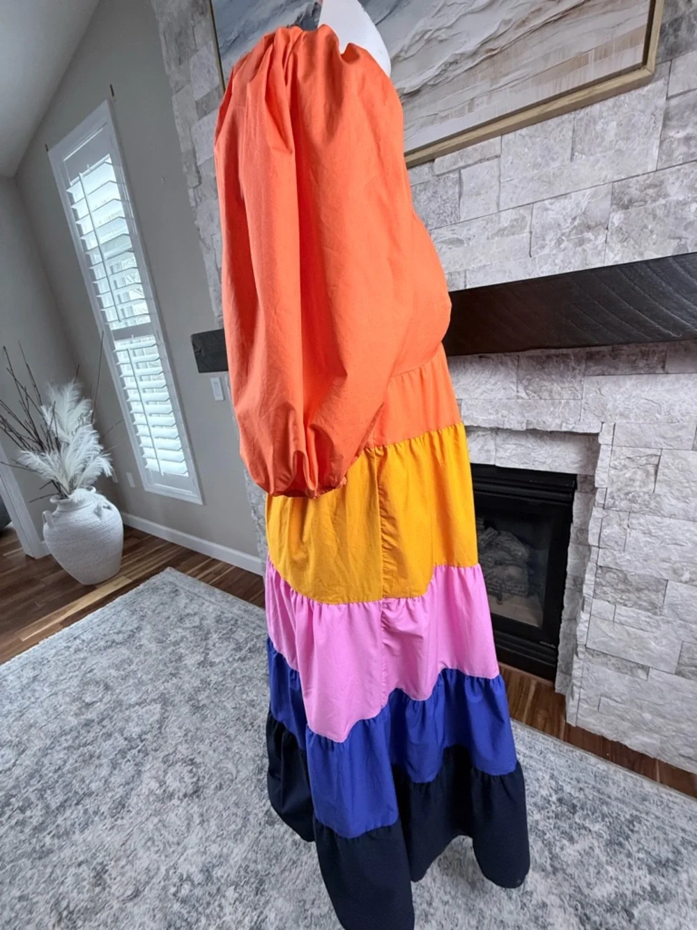 FARM Rio Anthropologie Colorblock Tiered Maxi Dress XS Puff Sleeve - Picture 4 of 6